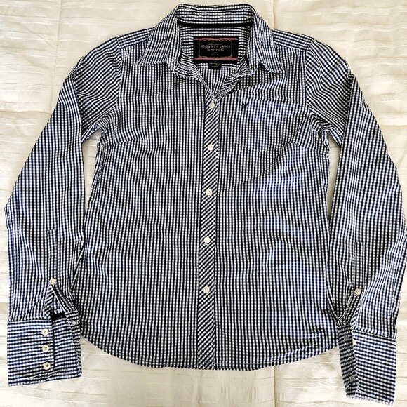 American Eagle Blue/White Button Down Long Sleeve Shirt SIZE 2 - Picture 2 of 4